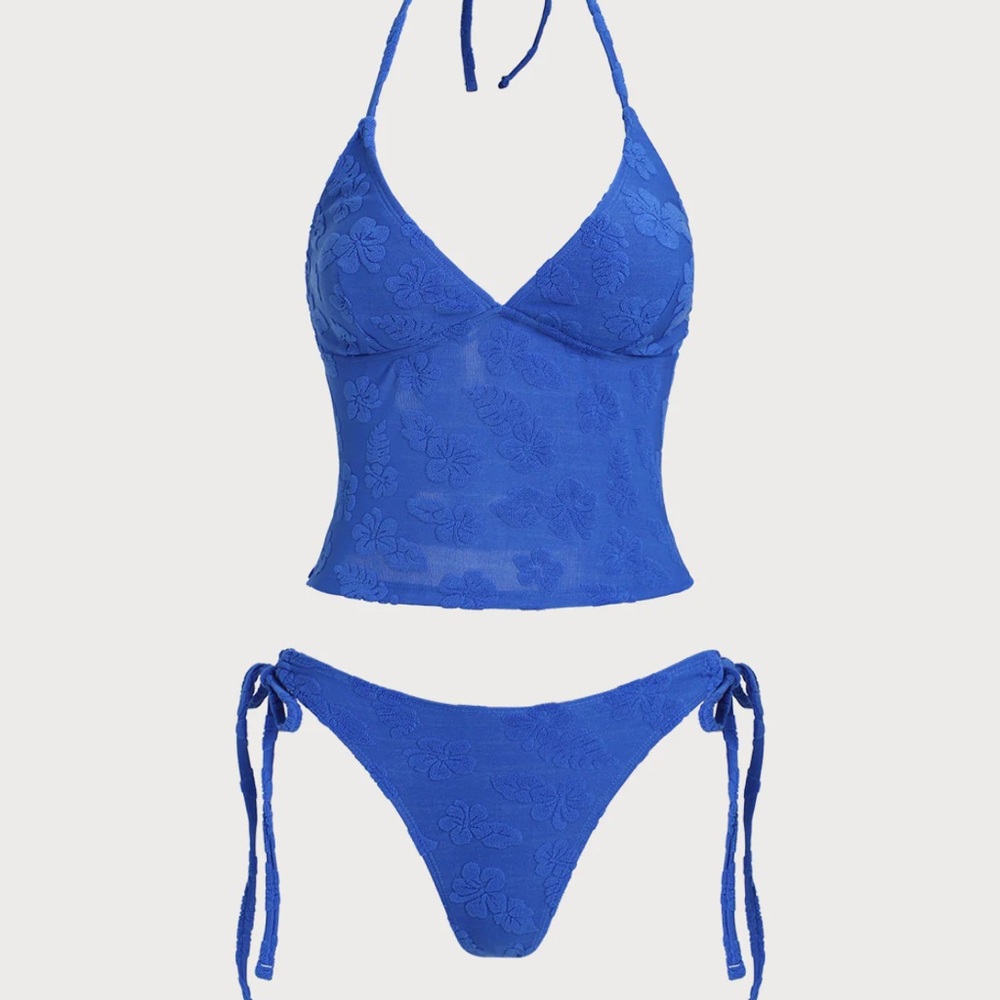 Blue Floral Lace Tankini Bikini Set - Women Swim Bikinis